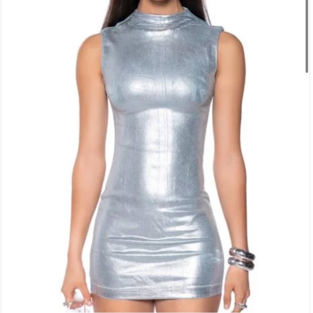 Metallic Silver High-Neck Bodycon Mini Dress